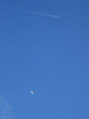 blue sky with moon and plane