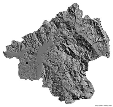 Elbasan, county of Albania, on white. Bilevel