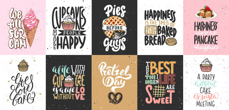 Set of bakery and sweet food, desserts lettering posters, greeting cards, decoration, prints. Hand drawn typography design elements. Handwritten lettering. Modern ink brush calligraphy.