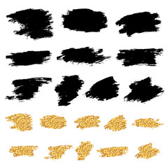 Abstract hand drawn set of different black and gold brush, drops and strokes of paint, ink, splash, grunge. Isolated vector collection for greeting card, invitation, fabric, artistic design, text