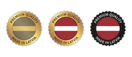 Set of 3 "Made in Latvia" vector icons. Illustration with transparent background. Country flag encircled with gold/black stamp. Sticker/logo for product/website.	