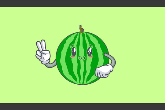 SMILING, HAPPY, UWU Face Emotion. Peace Hand Gesture. Watermelon Fruit Cartoon Drawing Mascot Illustration.