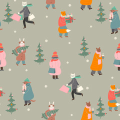 Obraz na płótnie Canvas Christmas seamless pattern. The animals are preparing for the winter holidays. Vector graphics.