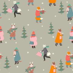 Christmas seamless pattern. The animals are preparing for the winter holidays. Vector graphics.