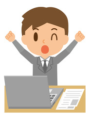 ビジネスマン　デスクワーク　パソコン　仕事　伸び　休憩