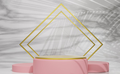Podium empty with geometric shapes  in marble composition for modern stage display and minimalist mockup ,abstract showcase background ,Concept 3d illustration or 3d render