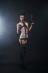 girl in a white bodysuit and black stockings with a knife and a gun. style post apocalypse
