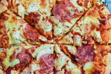 Fresh home made pizza with meats and cheese