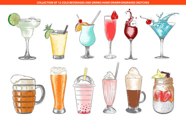 Vector engraved style cold beverages and cocktails collection for posters, decoration and menu, logo. Hand drawn colorful sketches isolated on white background. Detailed vintage woodcut drawing.