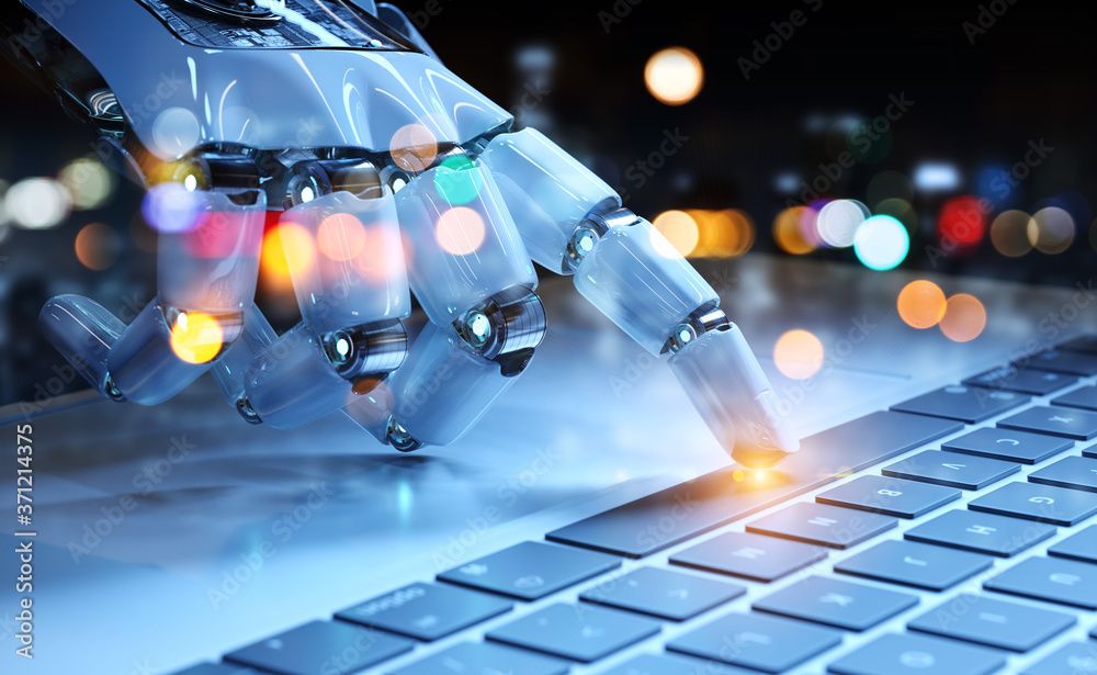 Wall mural cyborg hand pressing a keyboard on a laptop 3d rendering