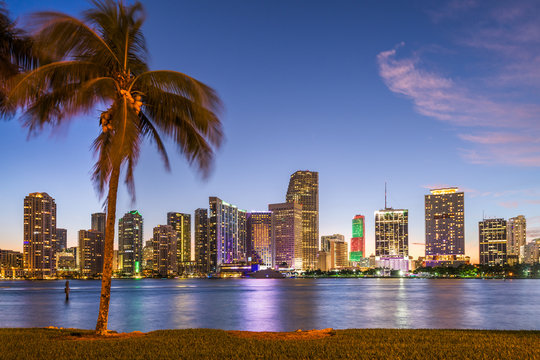 Miami, Florida, USA downtown Skyline from across the Biscayne Bay