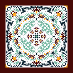 Bandana print. Women's shawl with floral pattern. Mediterranean wallpaper. Portuguese tile azulejo. Turkish ornament. Spanish porcelain. Ceramic dishes. 