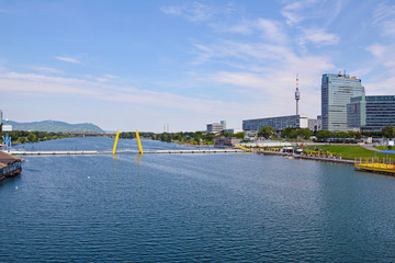 Danube river and Vienna skyline in summer. Austria