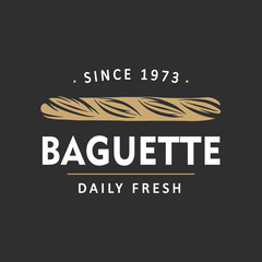 Fototapeta premium Vintage style bakery shop simple label, badge, emblem, logo template. Graphic food art with engraved baguette design vector element with typography. Linear organic bread on black background.