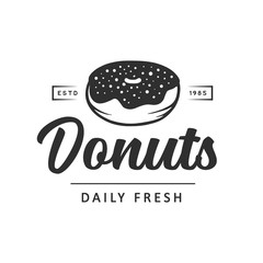 Vintage style bakery shop simple label, badge, emblem, logo template. Graphic food art with engraved doughnut design vector element with typography. Linear organic donut on white background.