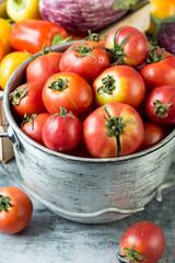 Homemade ripe red tomatoes in an aluminum bucket. New harvest. Selective focus.