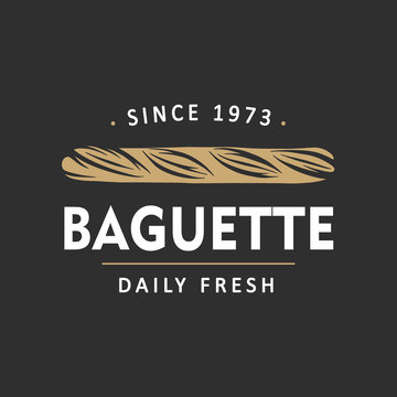 Vintage style bakery shop simple label, badge, emblem, logo template. Graphic food art with engraved baguette design vector element with typography. Linear organic bread on black background.