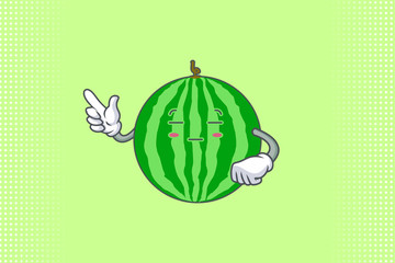 ZONK, MEDITATIVE, UNAMUSED Face Emotion. Forefinger Hand Gesture. Watermelon Fruit Cartoon Drawing Mascot Illustration.