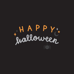 Naklejka na ściany i meble Happy halloween vector writing. Cute handwritten autumn greeting card with spider, moon and stars. Isolated.