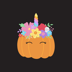 Fototapeta premium Halloween pumpkin vector hand drawn illustration. Cute orange carved unicorn pumpkin with flowers and leaves on top, flower headband. Isolated.