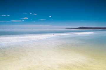 Beautiful landscape of a salt lake. Lake Baskunchak in the Astrakhan region, Russia.