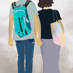 Para sylwetki kobiety i mężczyzny z plecakiem trzymających się za ręce - obrazy, fototapety, plakaty