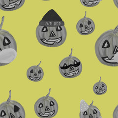 Halloween seamless pattern with cute black and white pumpkins on yellow background. Halloween jack-o-lanterns in accessories, hat, sunglasses, and bubble gum.