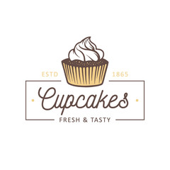 Vintage style bakery shop simple label, badge, emblem, logo template. Graphic food art with engraved cupcake design vector element with typography. Linear organic pastry on white background.
