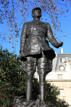 London, England, UK – January 9, 2011. Charles De Gaulle statue standing outside 4 Carlton Gardens which were the headquarters of the Free French Forces during World War Two
