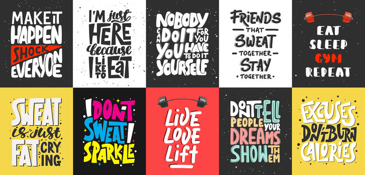 Set of 10 motivational and inspirational lettering posters, decoration, prints, t-shirt design for sport, gym or fitness. Hand drawn typography. Handwritten lettering. Modern ink brush calligraphy.