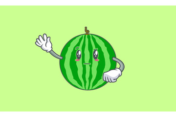 REALLY, ATTENTIVE, Curios Face Emotion. Waving Hand Gesture. Watermelon Fruit Cartoon Drawing Mascot Illustration.