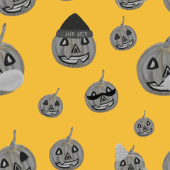 Fototapeta premium seamless pattern with black and white Halloween jack-o-lanterns and pumpkins on orange background. Print, packaging, kids, stationery design