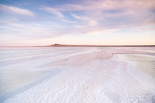 Beautiful landscape of the Baskunchak salt lake in Russia. Nature, mountains, lake.