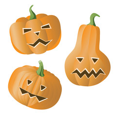Pumpkin face isolated on white background for design or decoration, vector stock illustration with set or collection of pumpkins for halloween