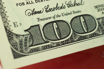 One hundred dollars banknote macro photo close up