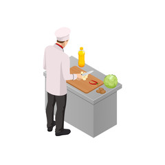 Isometric male chef isolated on white. Chef in uniform cooking in a commercial kitchen.