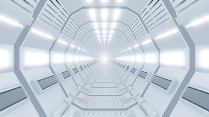 Tunnel in space ship, technology and futuristic concept, 3D rendering and illustration.