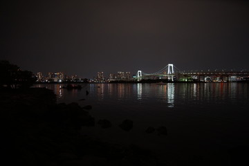 Tokyo, Japan at Rainbow Bridge and Tokyo Bay.