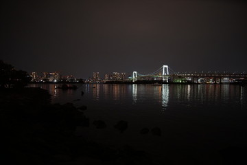 Tokyo, Japan at Rainbow Bridge and Tokyo Bay.