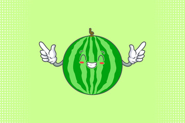 CONTENT, HAPPY , GRIN SMILE, cheerful Face Emotion. Double Forefinger Handgun Gesture. Watermelon Fruit Cartoon Drawing Mascot Illustration.