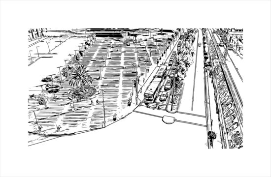 Building view with landmark of Ambato is a city located in the central Andean valley of Ecuador.  Hand drawn sketch illustration in vector.