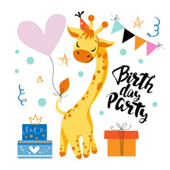Cute giraffe with a pink ball and the inscription birthday party. Vector flat style illustration