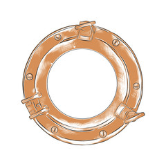 Vector engraved style illustration for posters, decoration, logo and print. Hand drawn sketch of porthole in colorful isolated on white background. Detailed vintage woodcut style drawing.