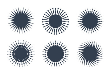 Set of Circle Decorative Sunburst Shapes. Vintage Radial Rays of Sun isolated on White Background. Flat Vector Illustration Design Template Elements