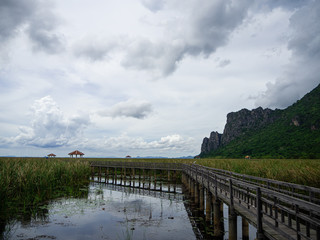 The wooden bridge that connect to the center of the lotus pond and cloudy sky and tall mountain in...