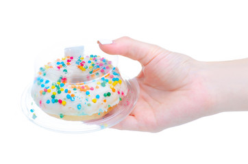 Donut sweet dessert in hand on white background isolation