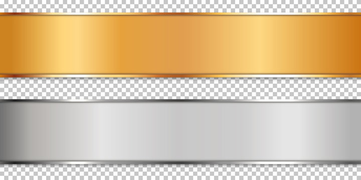 long gold and silver ribbon banner on transparent background	
