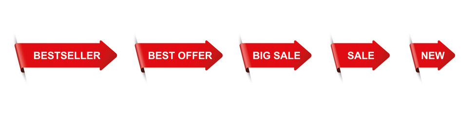 set of red arrow banners with text sale, big sale, new, bestseller,  best offer