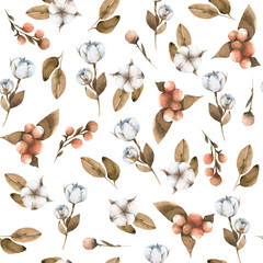 Hand painted watercolor seamless pattern of winter flowers of cotton, berries, leaves and branches. Illustration isolated on white