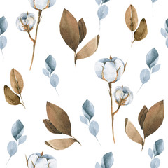 Hand painted watercolor seamless pattern of flowers of cotton and berries, leaves and branches. Illustration isolated on white